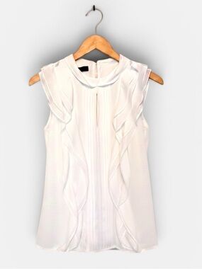 Laura Bernal Boutique White Ruffle-Trim Sleeveless Pintuck Blouse US Size XS
